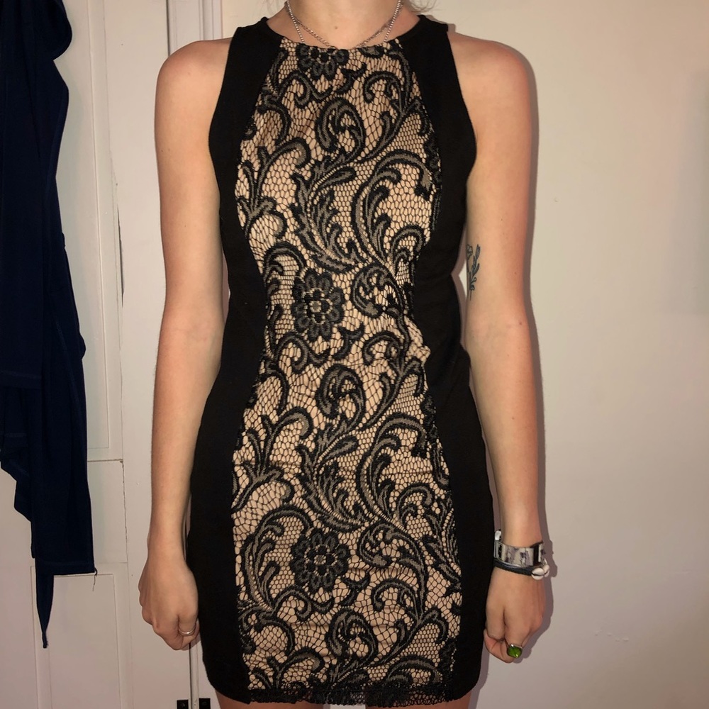 F21 Black and nude lace body con semi formal dress